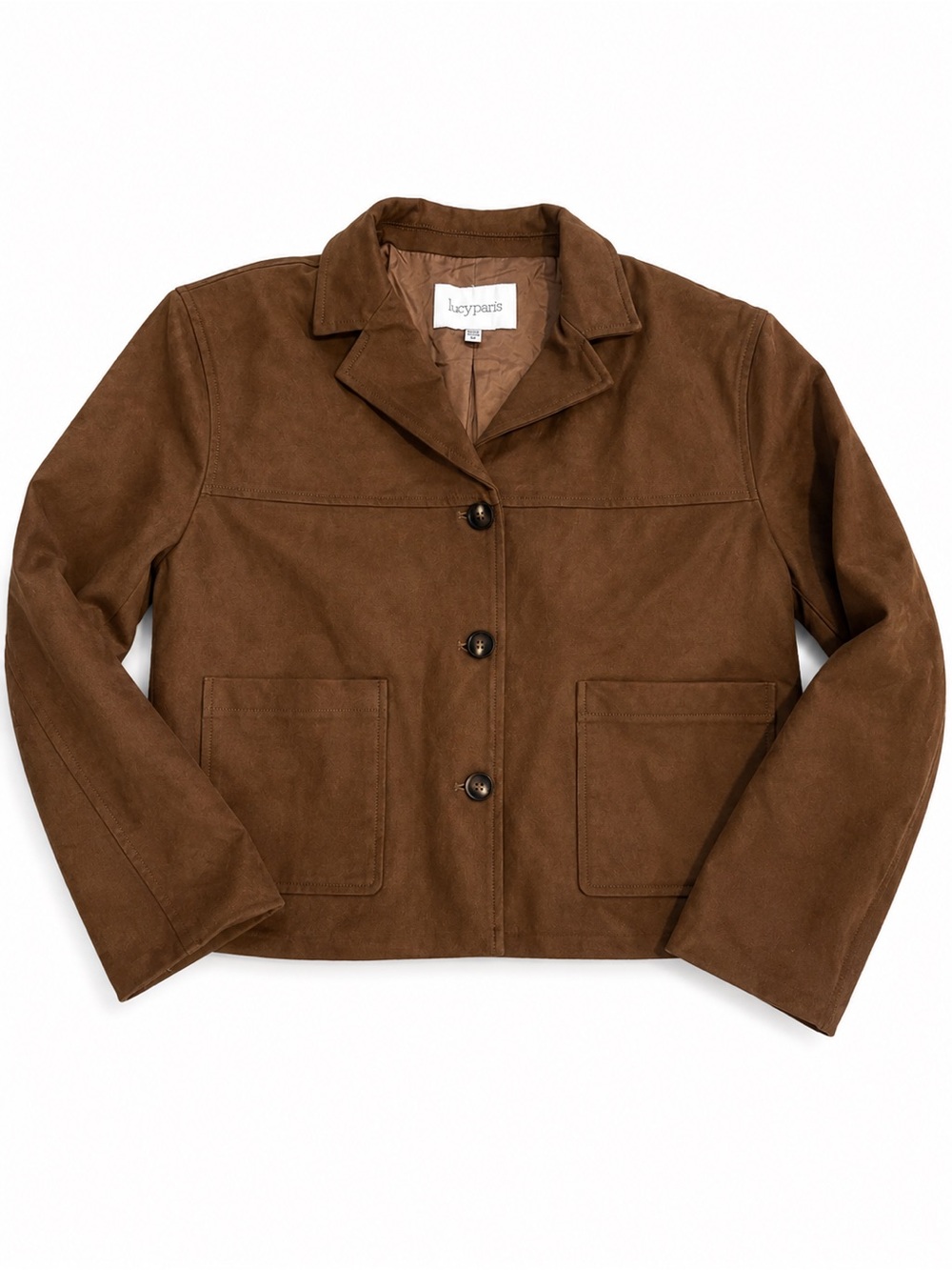 Lucy Paris Brown Faux Suede Button Front Jacket Patch Pockets NWOT